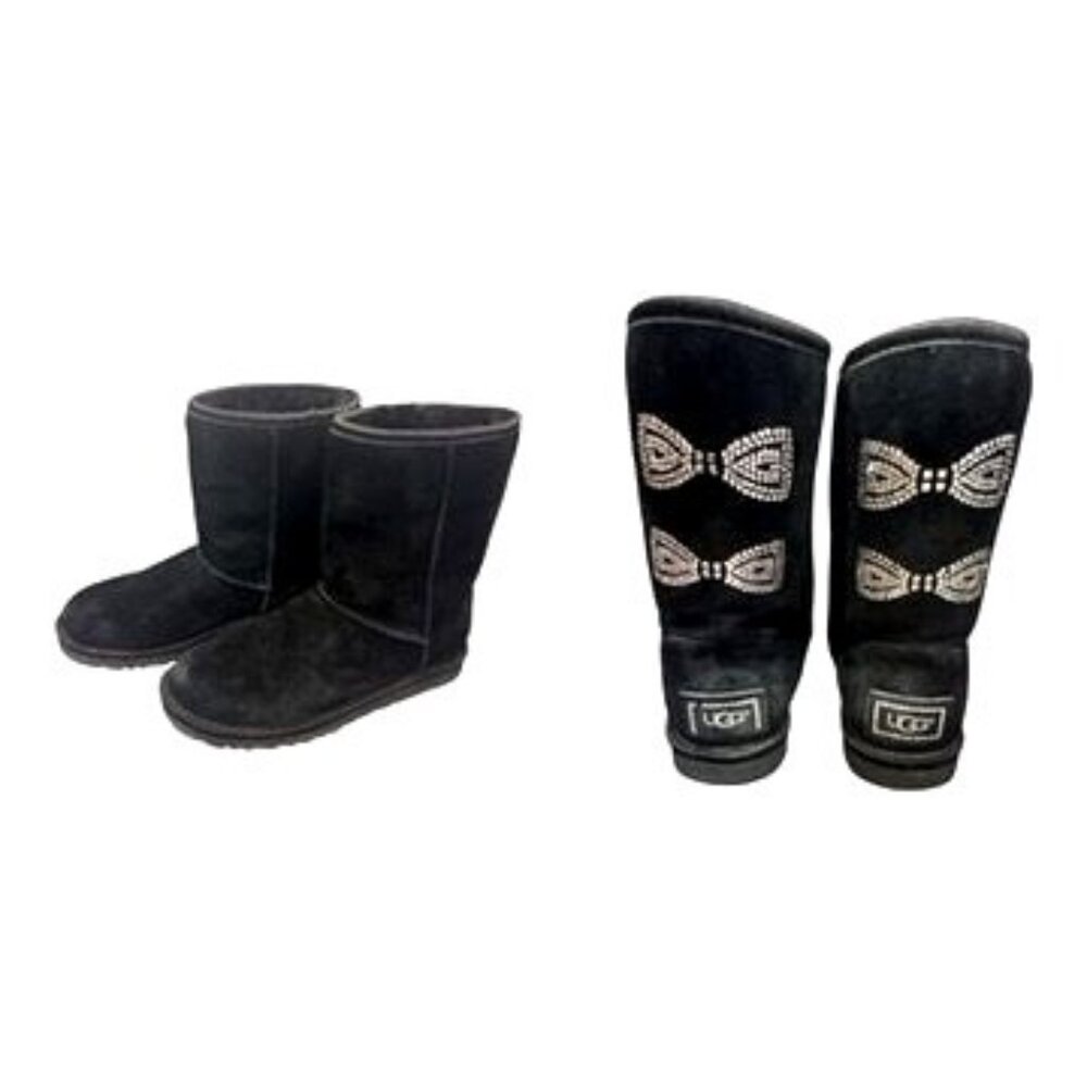 Ugg Black Rhinestone Bow Boots Womens 7 Classic Short Sheepskin Bling Winter